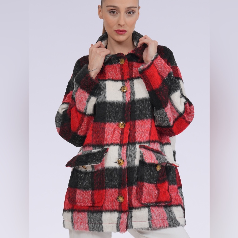 Minark Fuzzy Fleece Plaid Color Block Sherpa/Coat Button Down